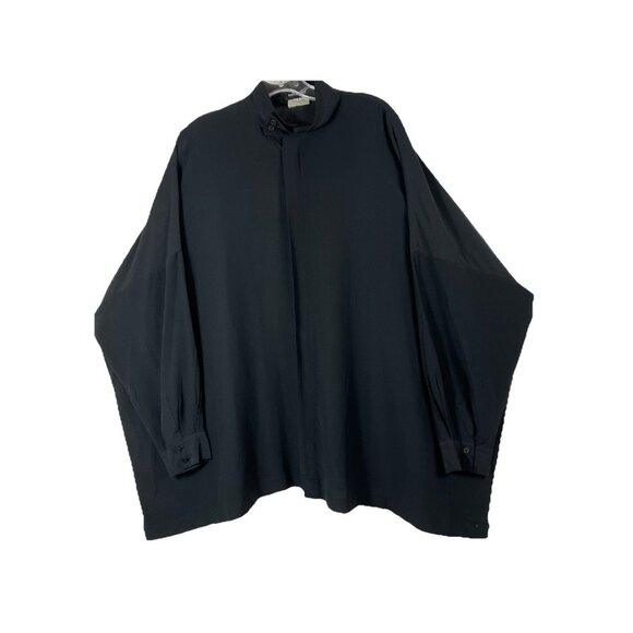 2 Eskandar Neiman Marcus silk boxy drape small funnel collar black blouse top